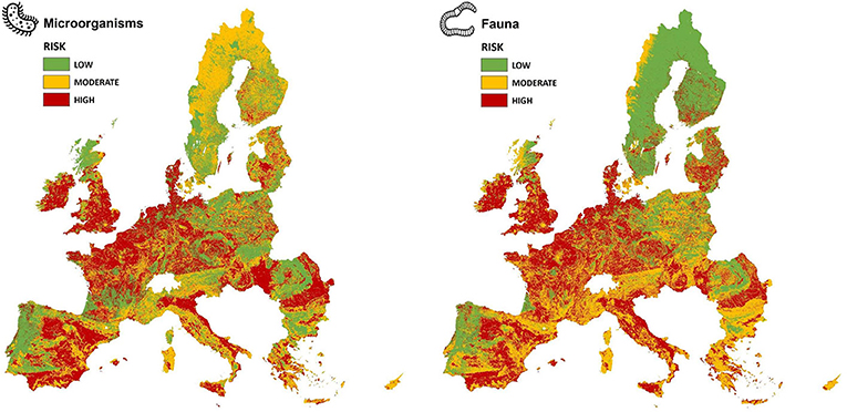 Figure 2: Maps of risk to soil microorganisms and fauna in 27 countries of the European Union, based on data collected from 2016.